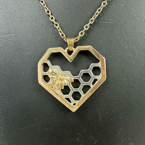 Two-Tone Honeycomb Heart Bee Pendant Necklace Silver Gold Nature Fairycore Artsy - Picture 2 of 4